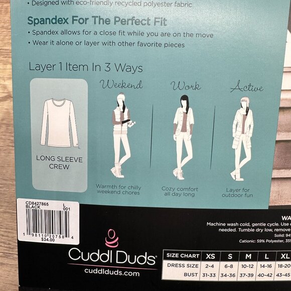 Cuddl Duds Warm Layers Top Womens Size L Black Fleecewear Long Sleeve Crew - Picture 10 of 11